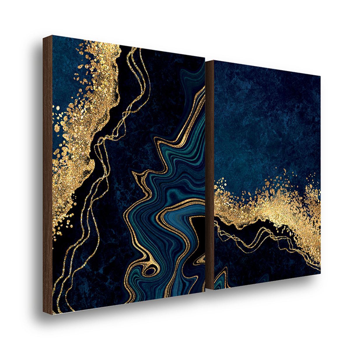 kit 2 quadros decorativos marmore abstrato azul com dourado 50x70cm