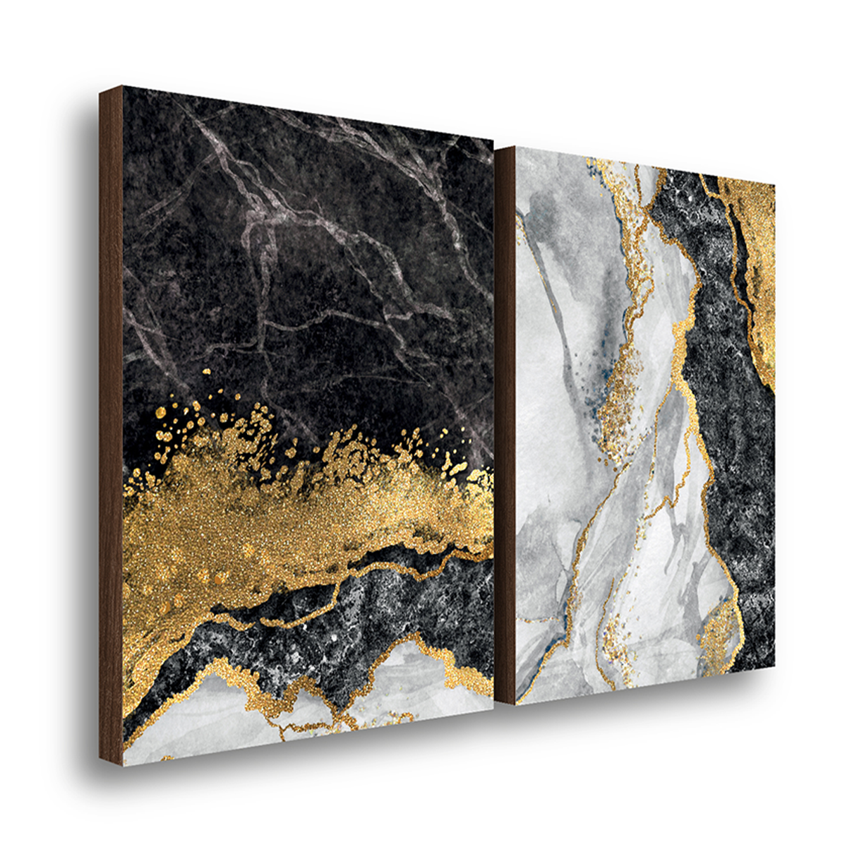 kit 2 quadros decorativos marmore abstrato cinza com dourado 50x70cm