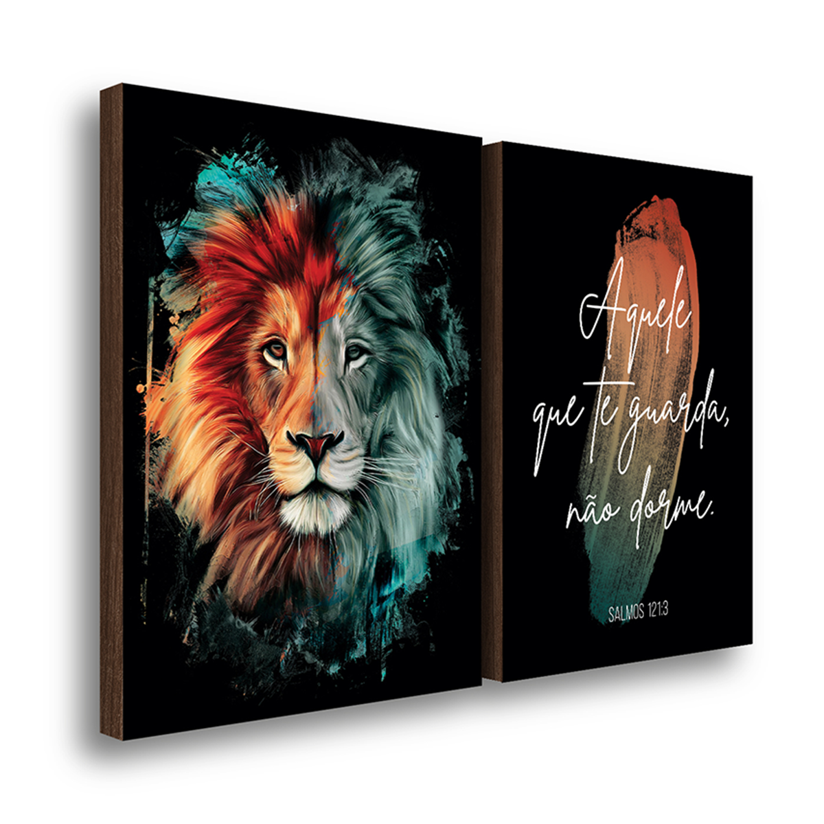kit 2 quadros decorativos leao pincelado salmos 50x70cm