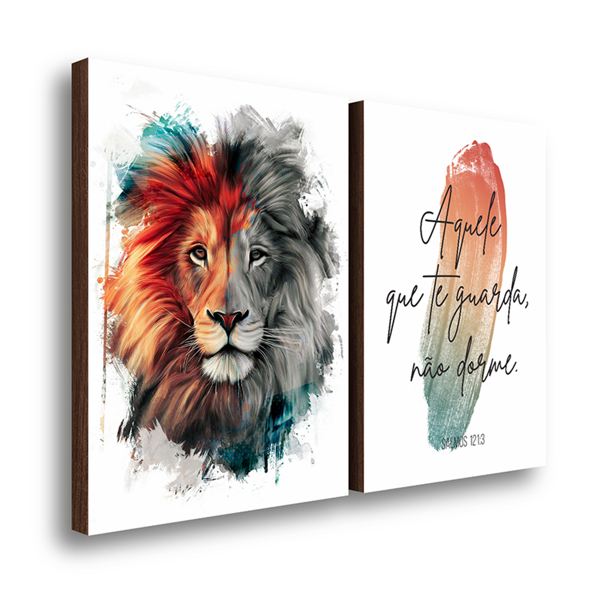 kit 2 quadros decorativos leao pincelado com frase 50x70cm