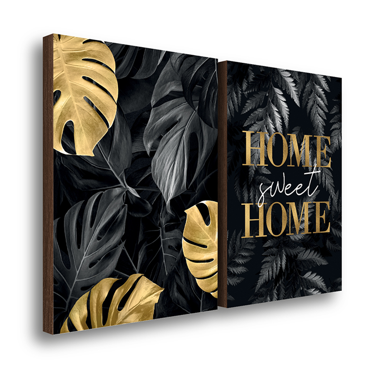 kit 2 quadros decorativos folhagem home sweet home black 50x70cm