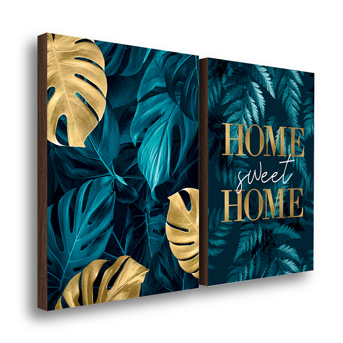kit 2 quadros decorativos folhagem home sweet home blue 50x70cm
