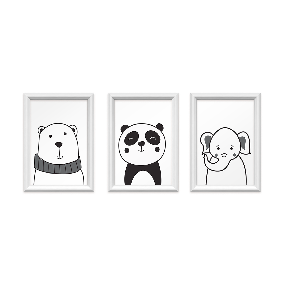kit 3 quadros decorativos bichos em preto e branco 24x34cm