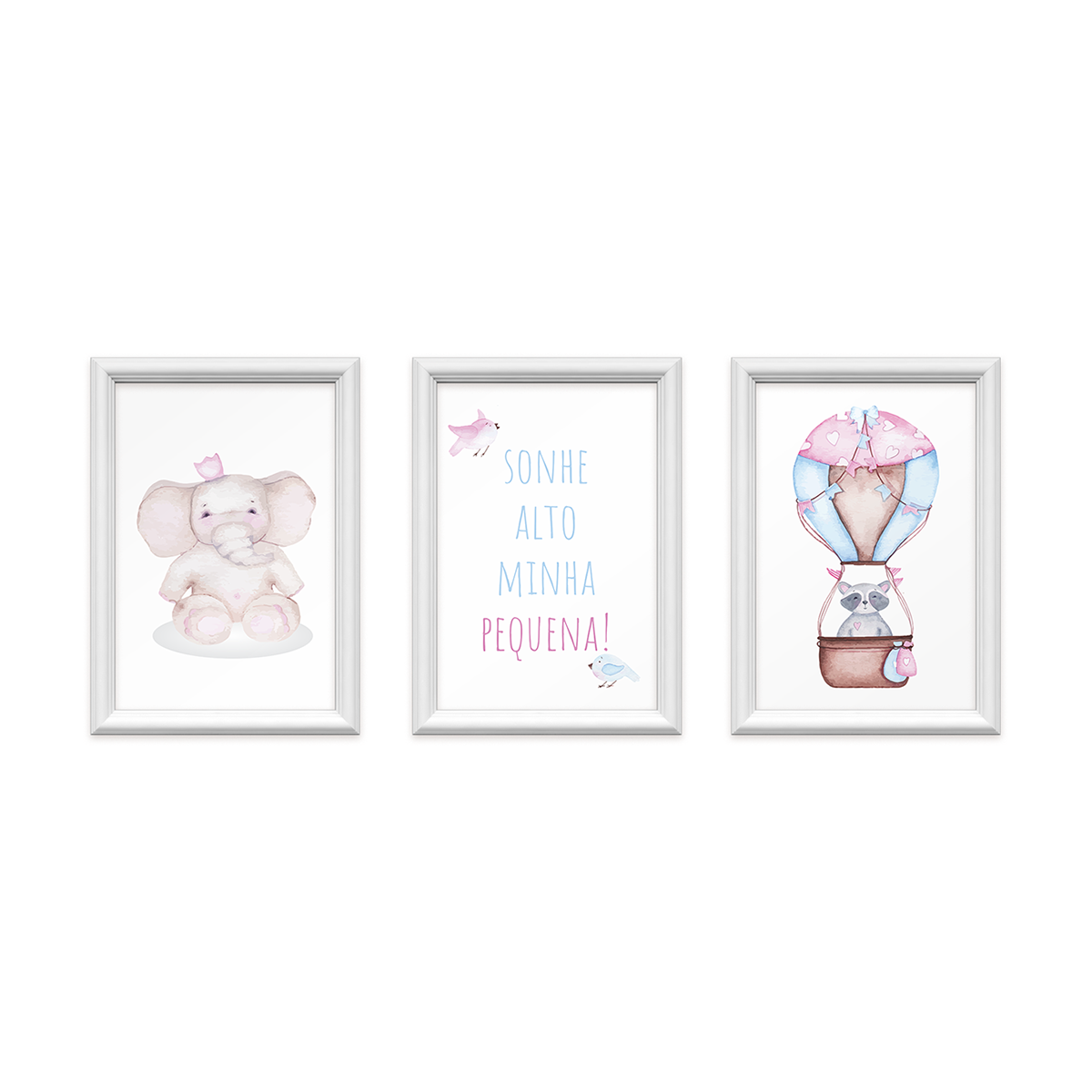 kit 3 quadros decorativos elefante balao rosa 24x34cm