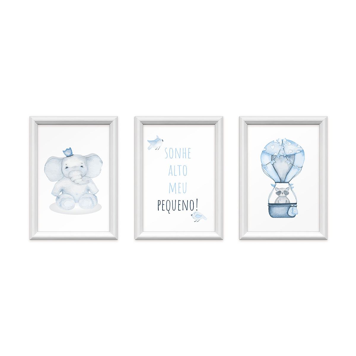 kit 3 quadros decorativos elefante balao azul 24x34cm