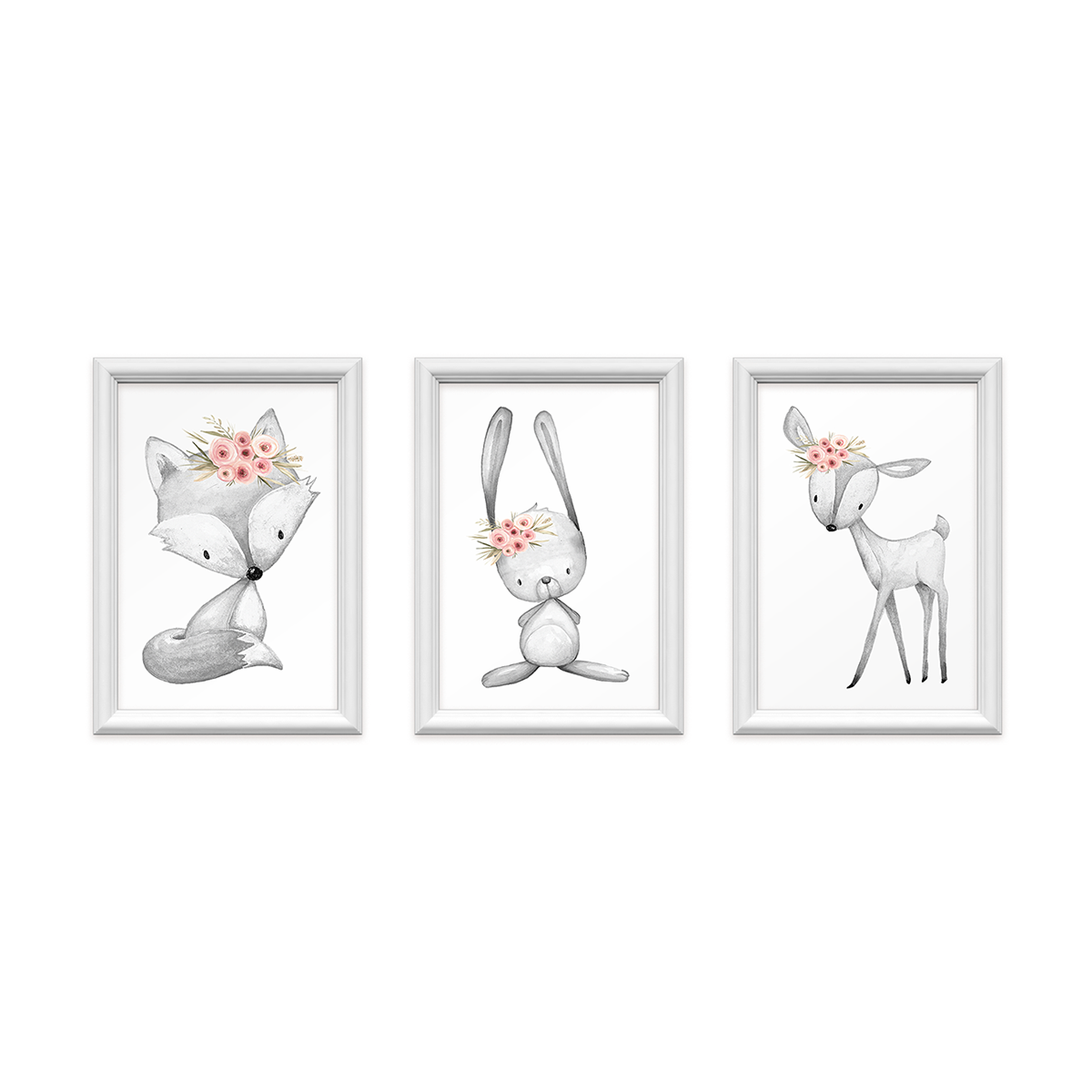 kit 3 quadros decorativos bichinhos com flores 24x34cm