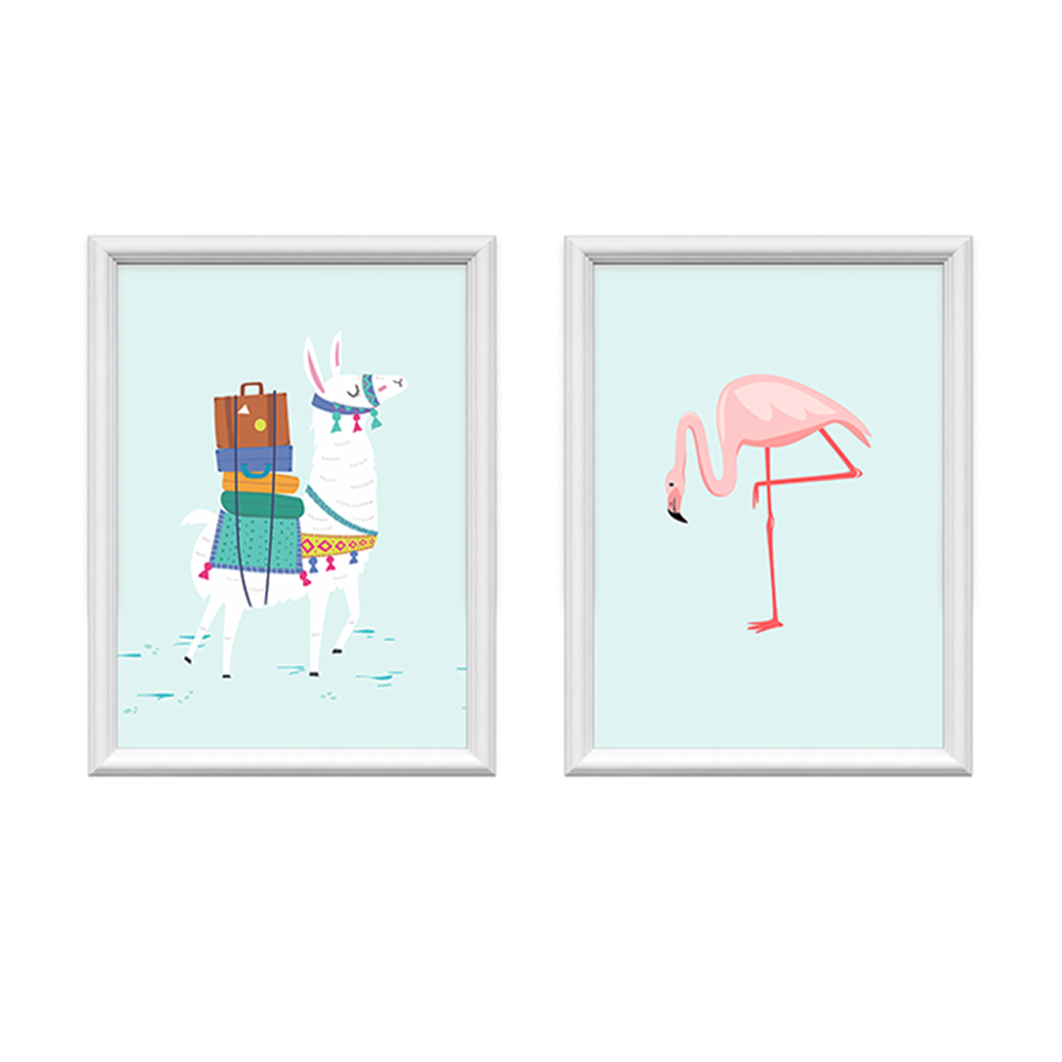 kit 2 quadros decorativos lhama e flamingo 34x44cm