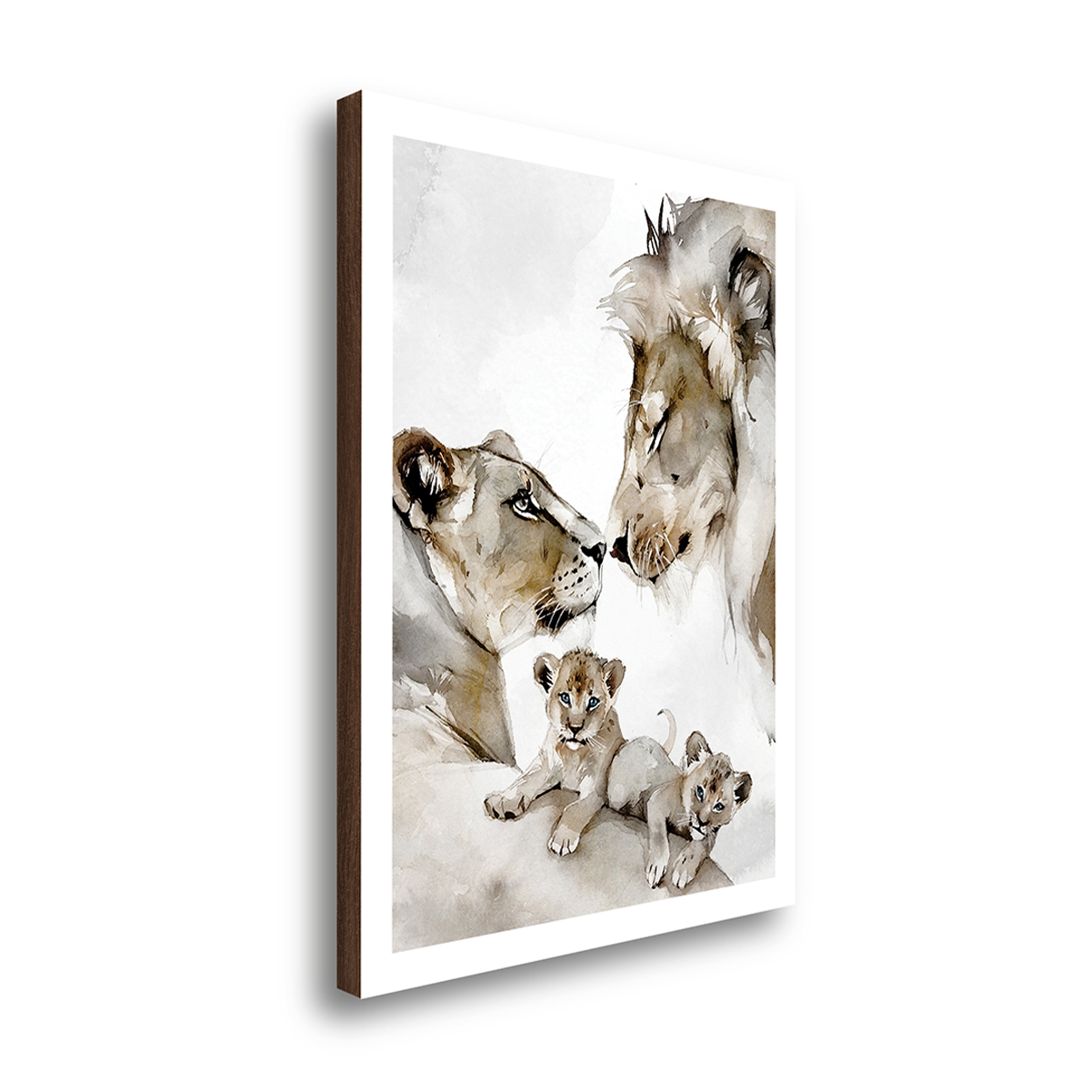 quadro decorativo familia de leoes com 2 filhotes aquarela 70x100cm