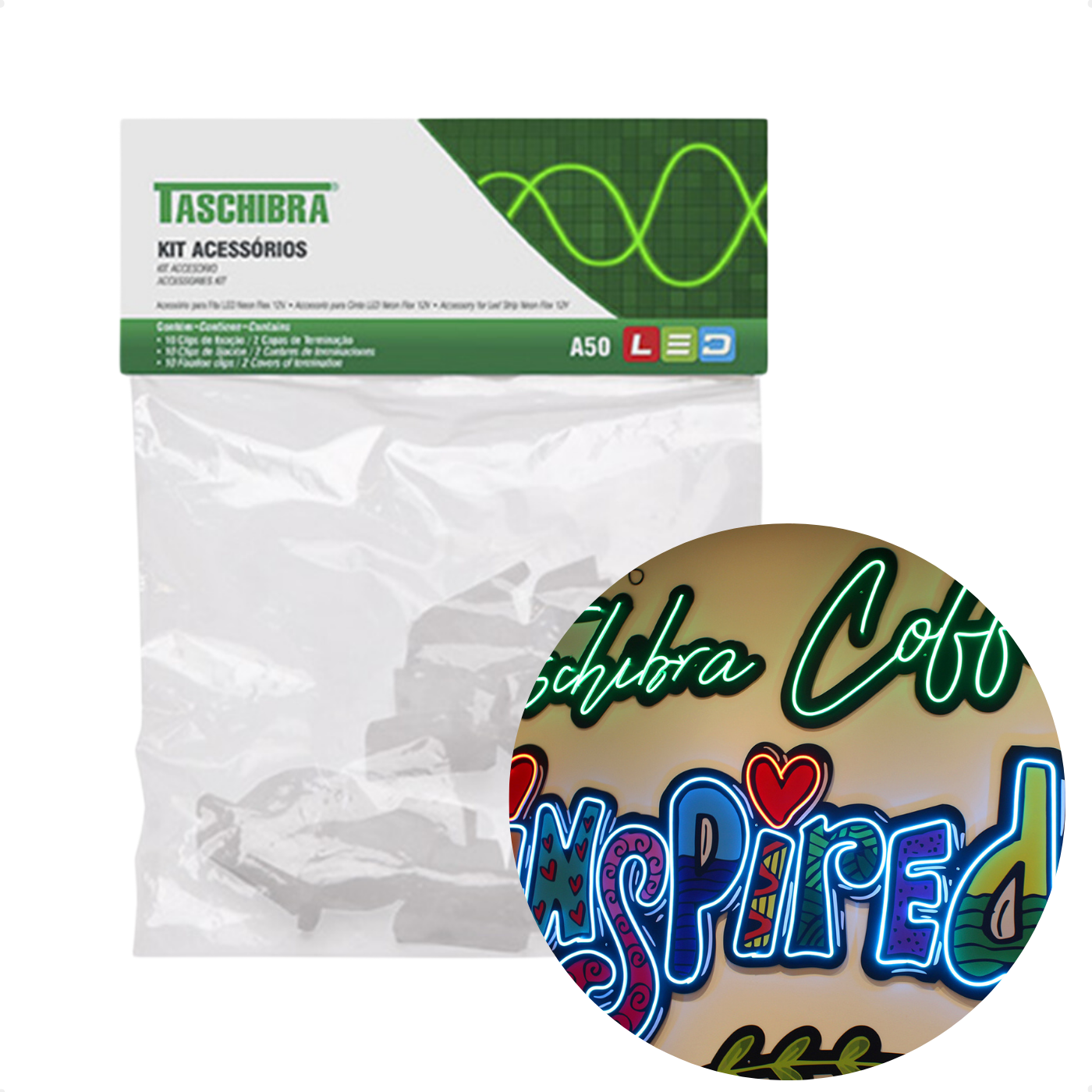 5 kit acessorios fixacao a50 p fita led neon 12v taschibra 5