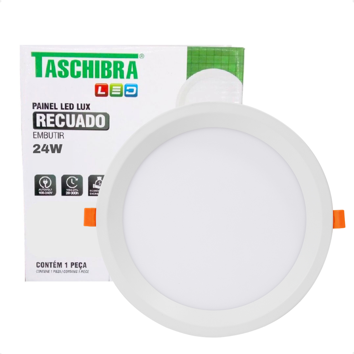 painel de led redondo embutir recuado 24w bivolt taschibra 6500k branco frio 1