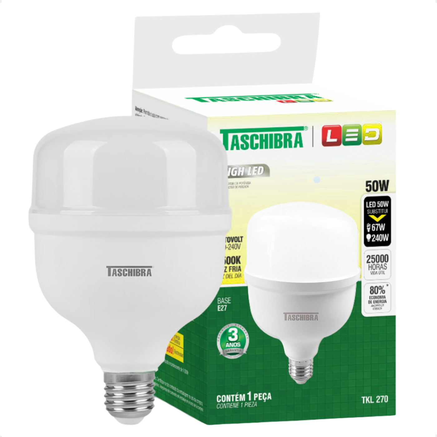 lampada high led 50w bivolt e27 3000k luz quente taschibra 4