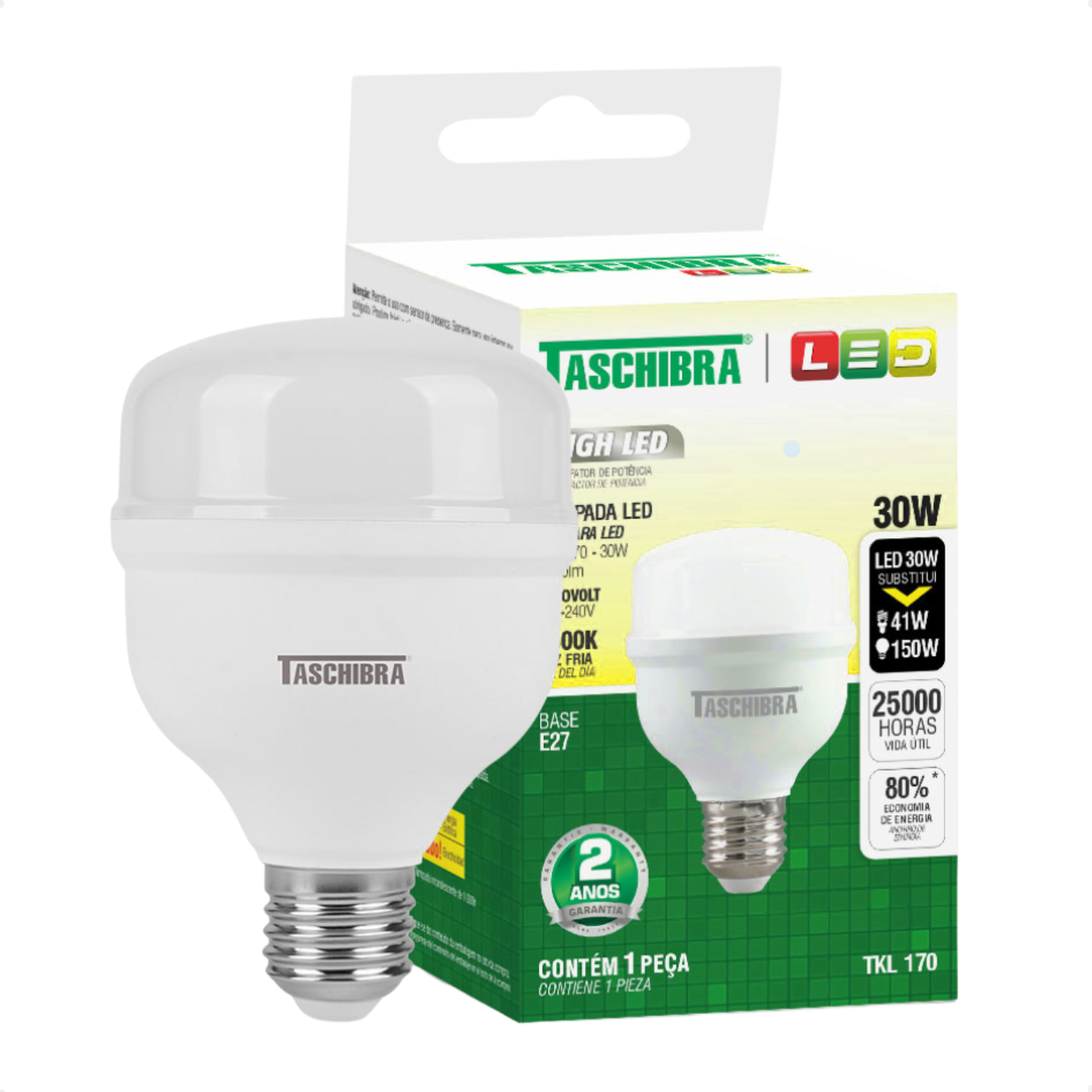 lampada high led 30w bivolt e27 3000k luz quente taschibra 2
